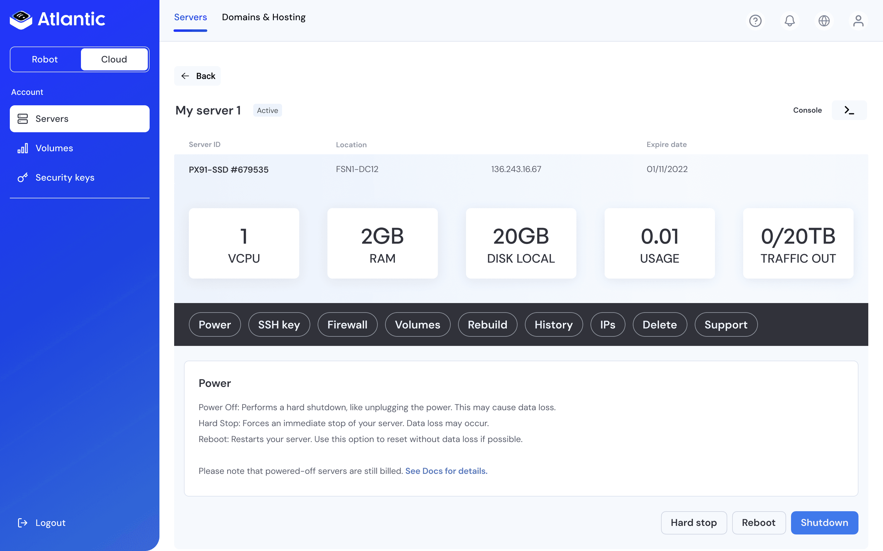 Screen showing server pricing plans
