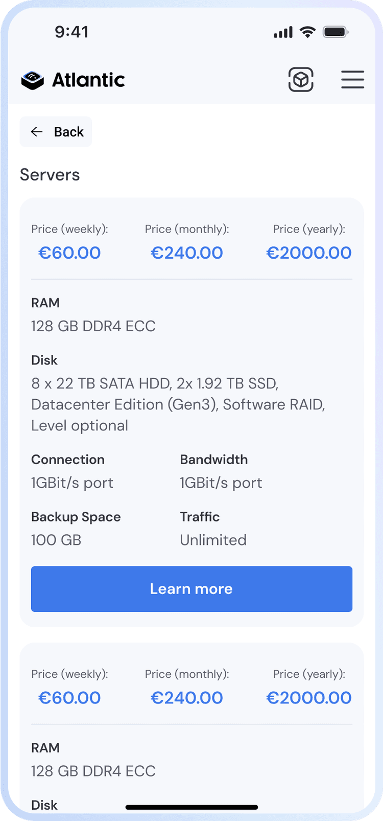 Screen showing server pricing plans